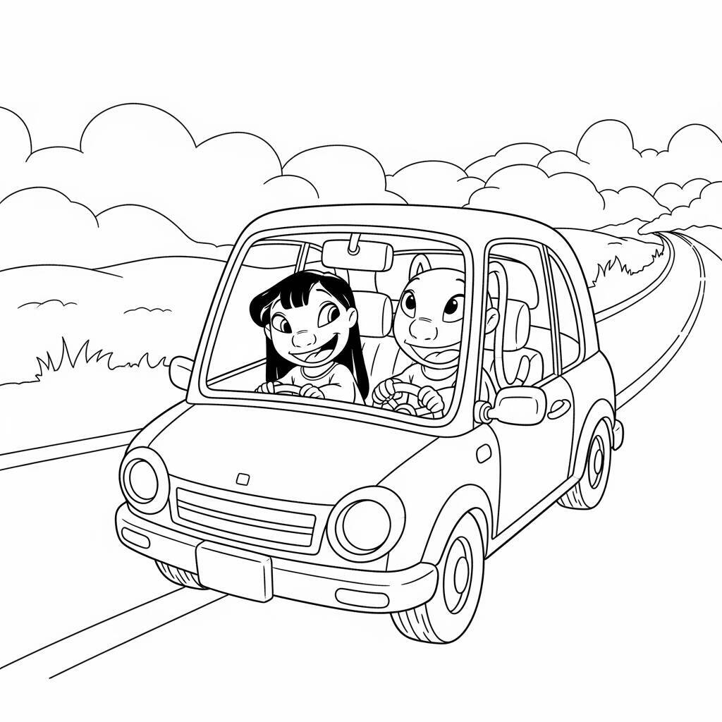 Desenho de Lilo e Angel em um Carro para Colorir