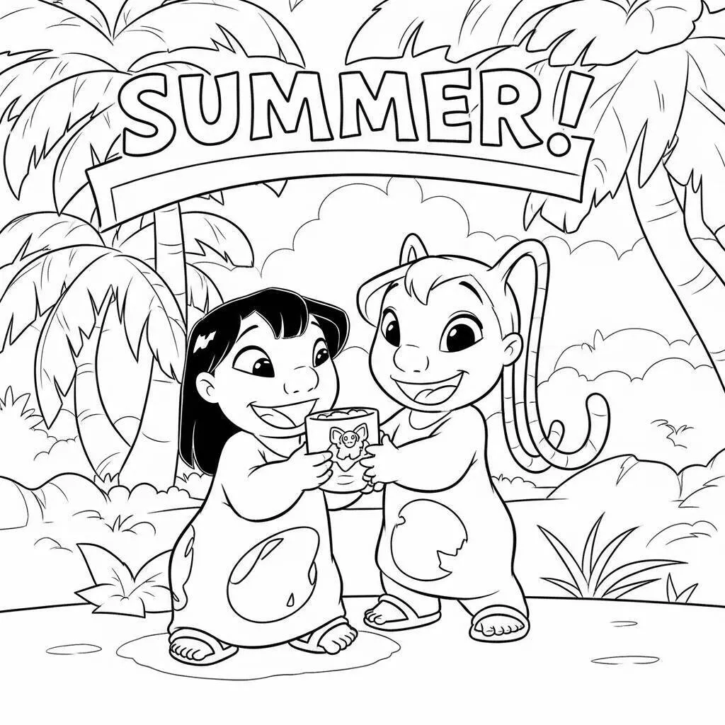 Desenho de Lilo e Angel em um Dia de Verão para Colorir
