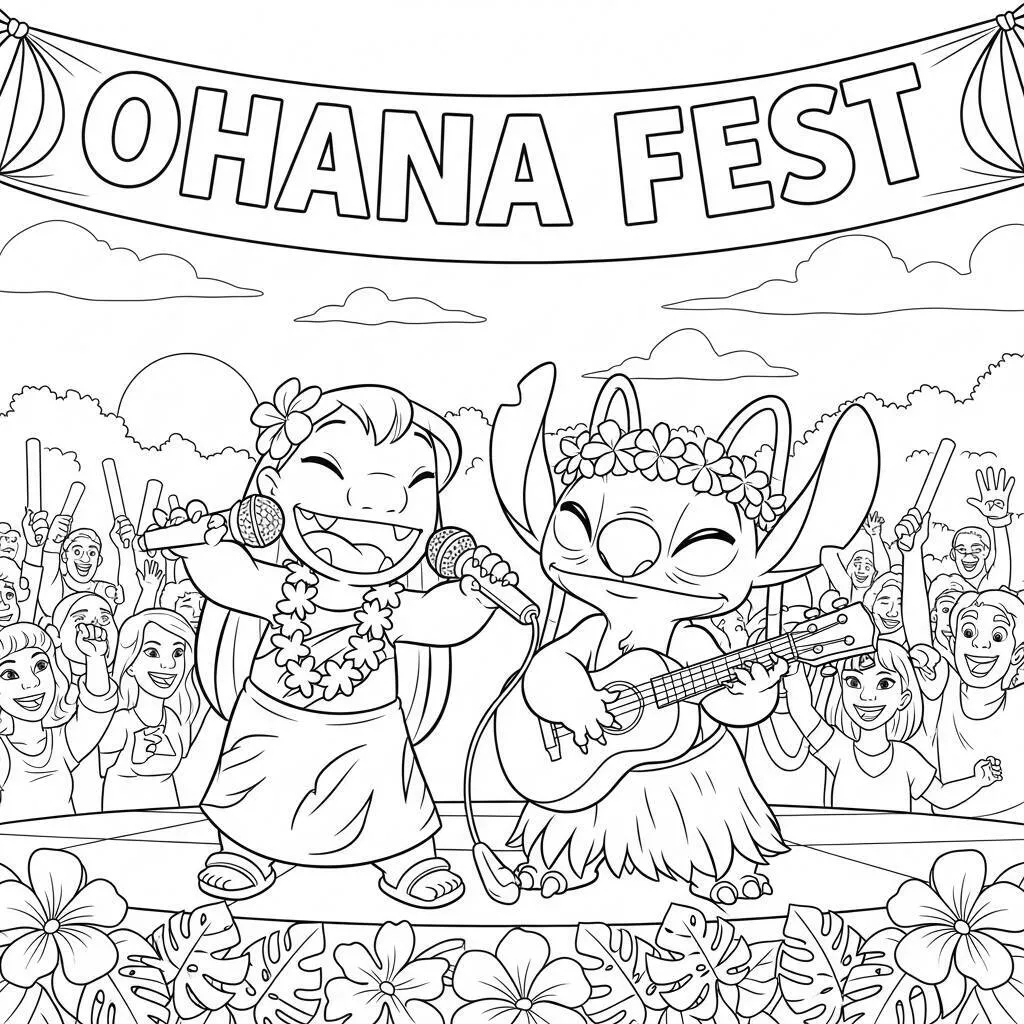 Desenho de Lilo e Angel em um Festival de Música para Colorir