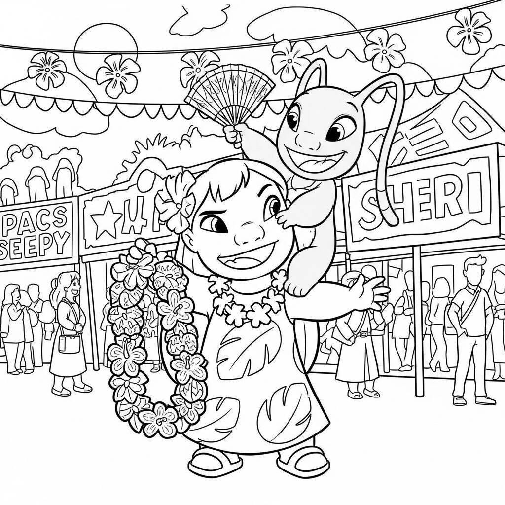Desenho de Lilo e Angel em um Festival para Colorir