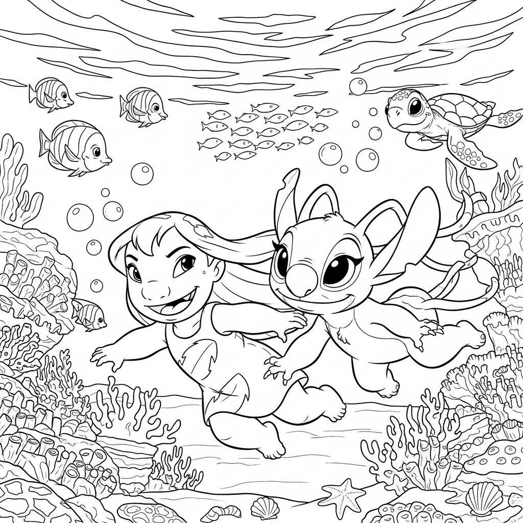 Desenho de Lilo e Angel em um Mundo Subaquático para Colorir