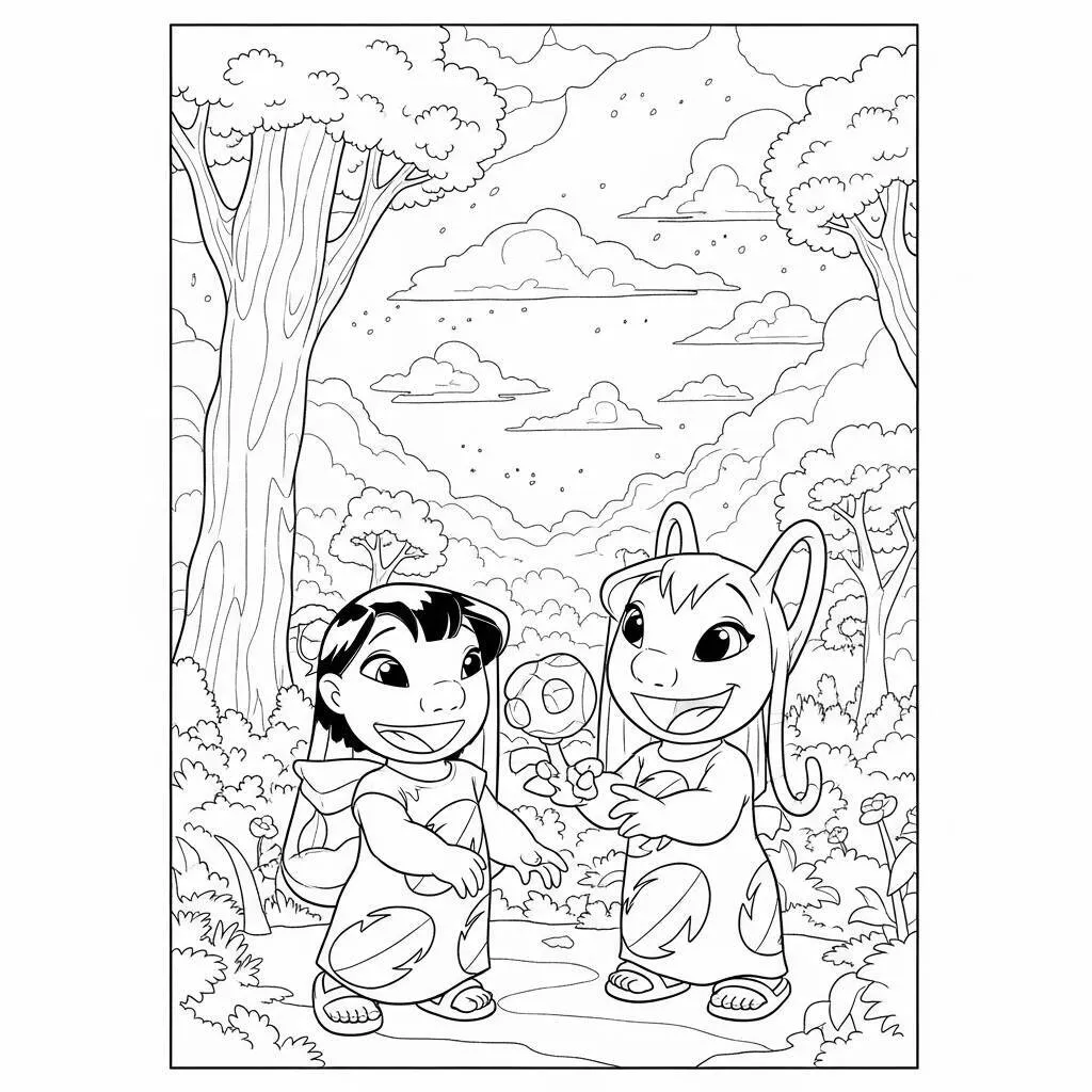 Desenho de Lilo e Angel em um Mundo de Fantasia para Colorir