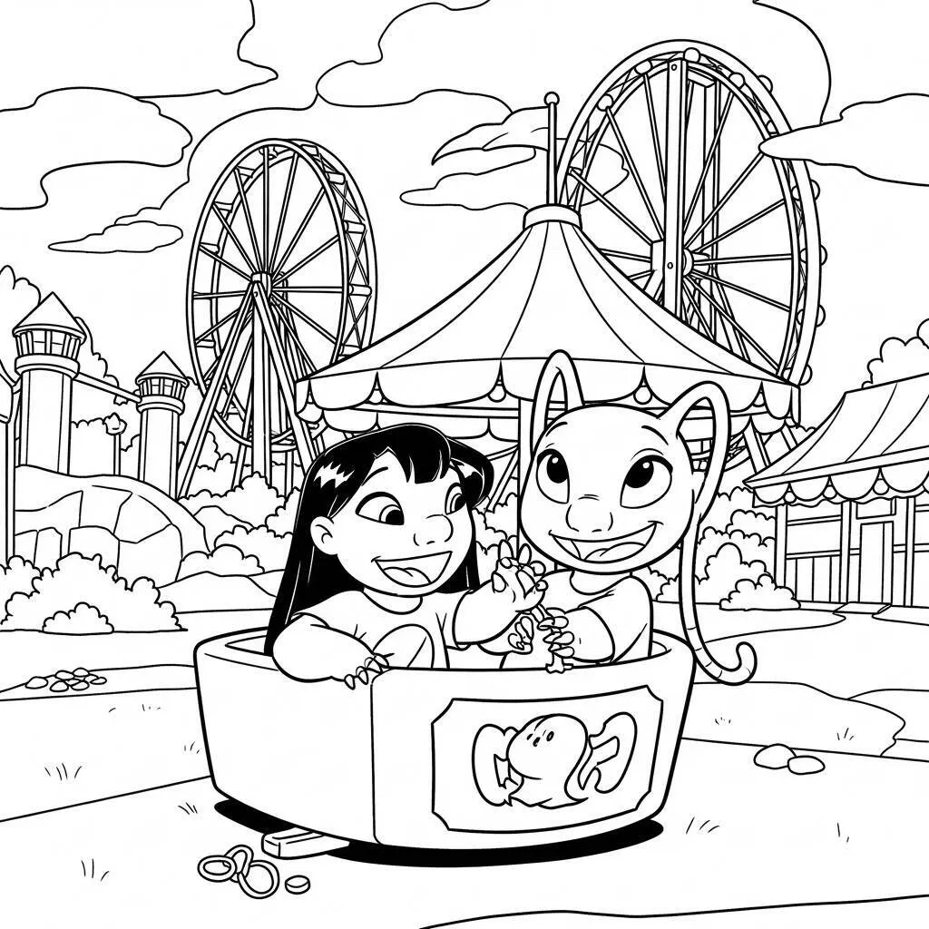 Desenho de Lilo e Angel em um Parque de Diversões para Colorir