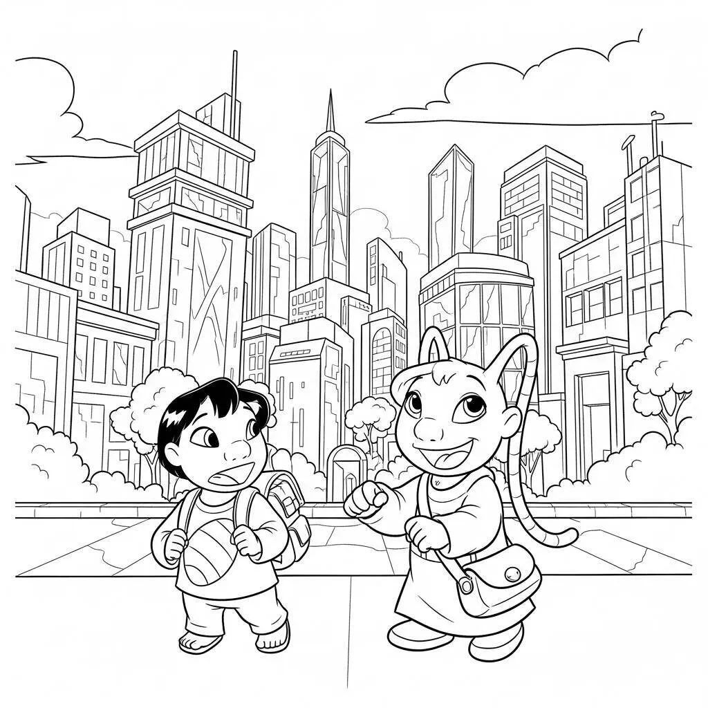 Desenho de Lilo e Angel na Cidade para Colorir
