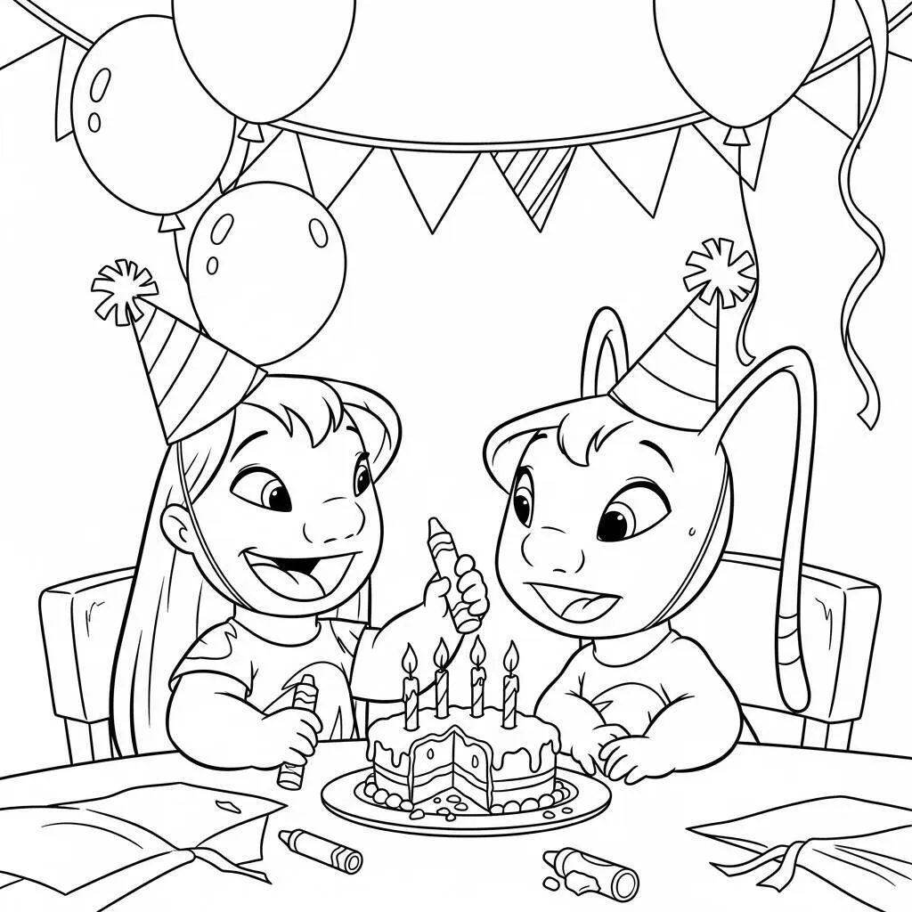 Desenho de Lilo e Angel na Festa de Aniversário para Colorir