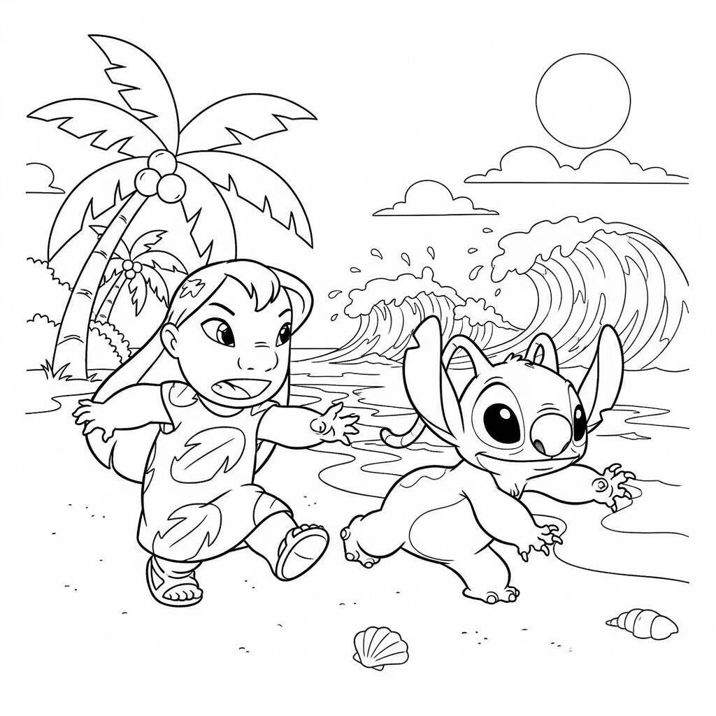 Desenho de Lilo e Angel na Praia para Colorir