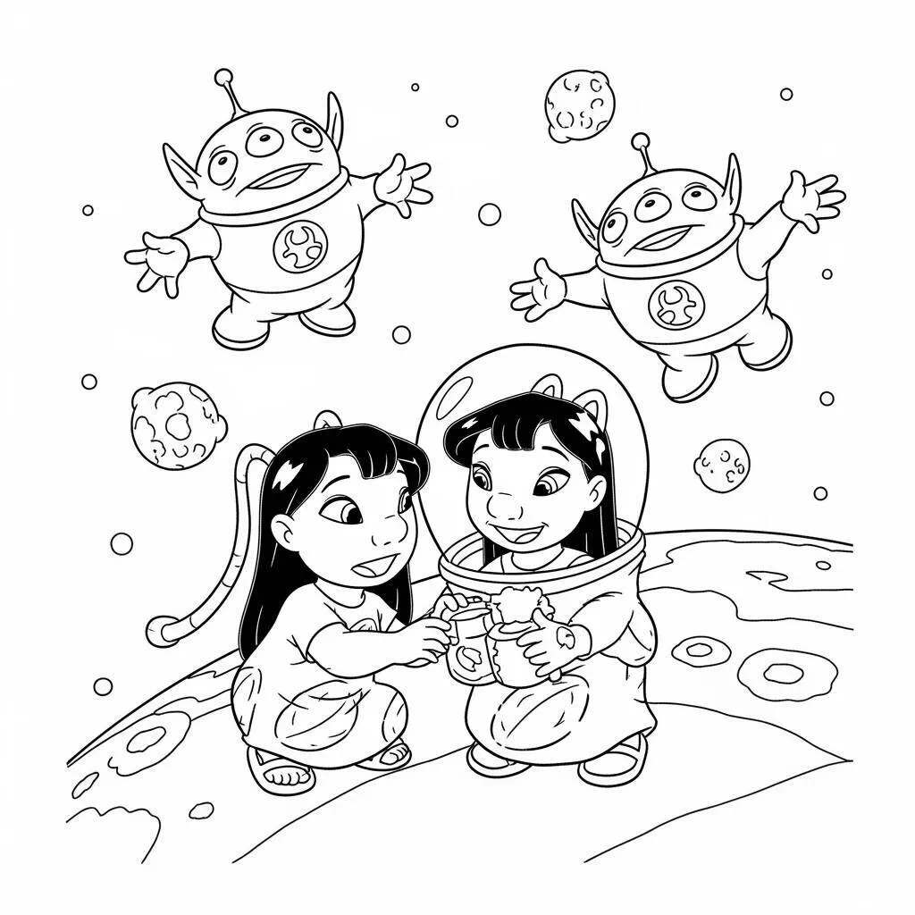 Desenho de Lilo e Angel no Espaço para Colorir