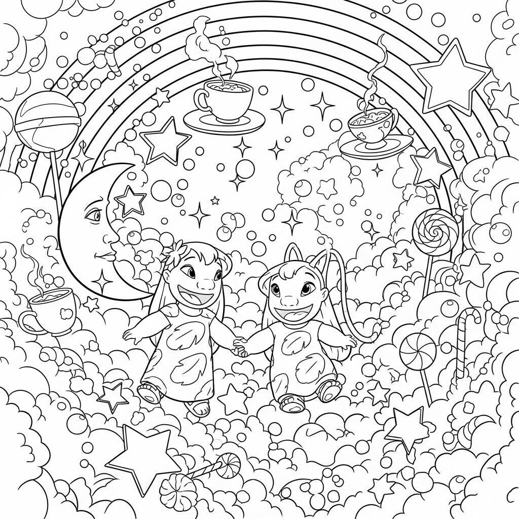 Desenho de Lilo e Angel no Mundo dos Sonhos para Colorir