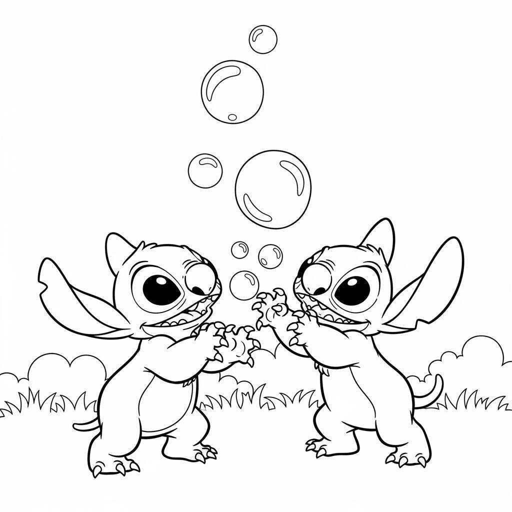 Desenho de Lilo e Stitch Brincando com Bolhas para Colorir