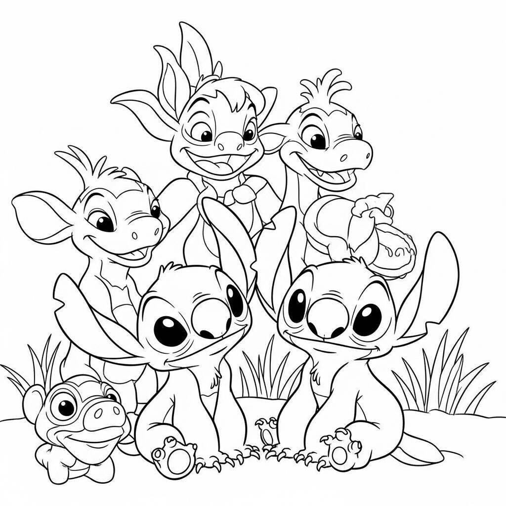 Desenho de Lilo e Stitch com Amigos para Colorir