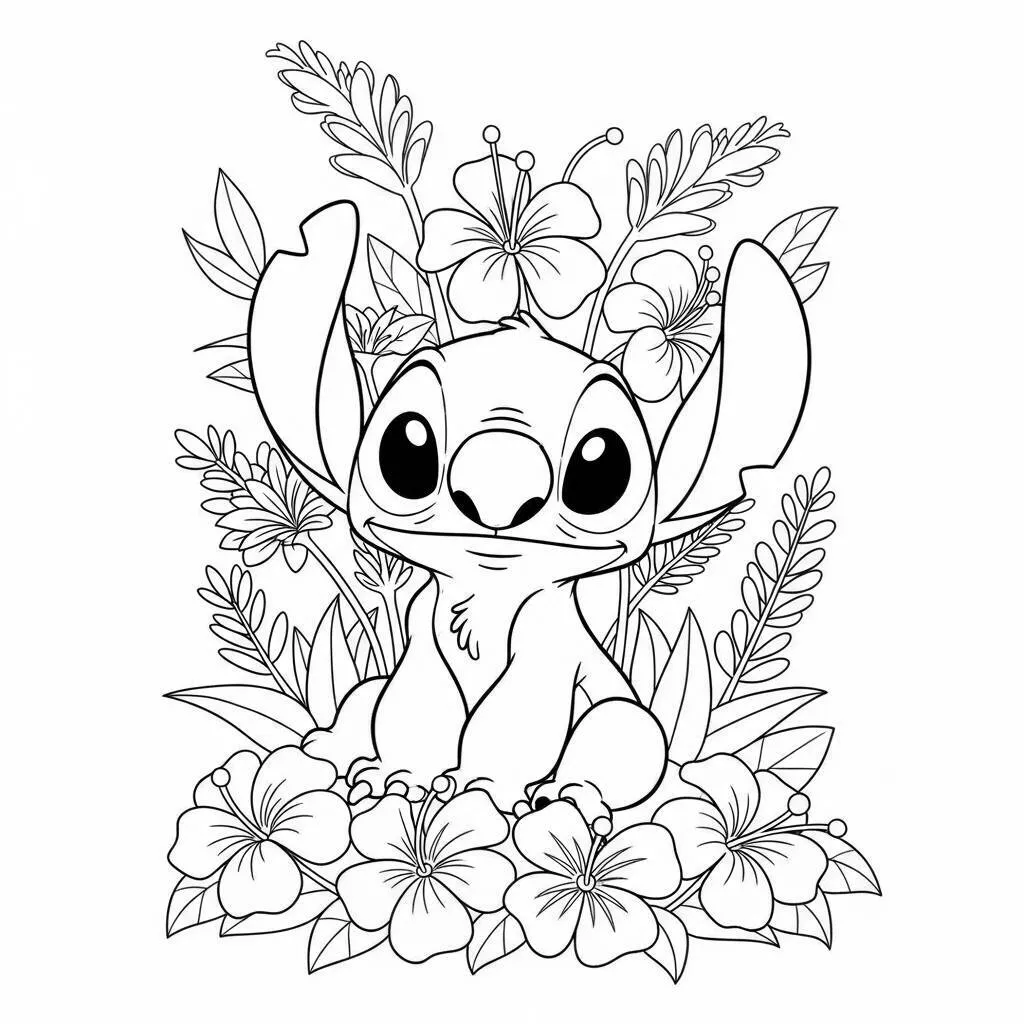 Desenho de Lilo e Stitch com Flores Exóticas para Colorir