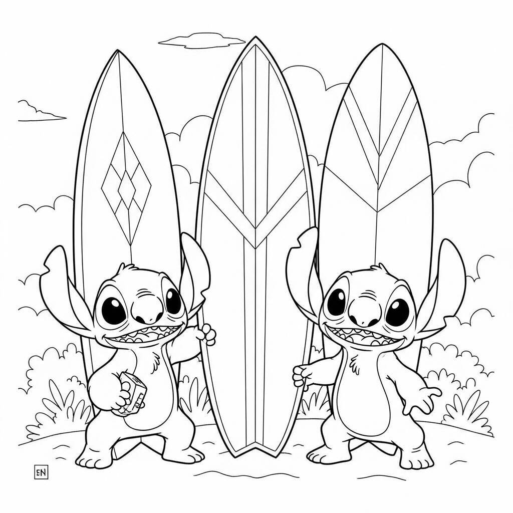 Desenho de Lilo e Stitch com Surfboards para Colorir