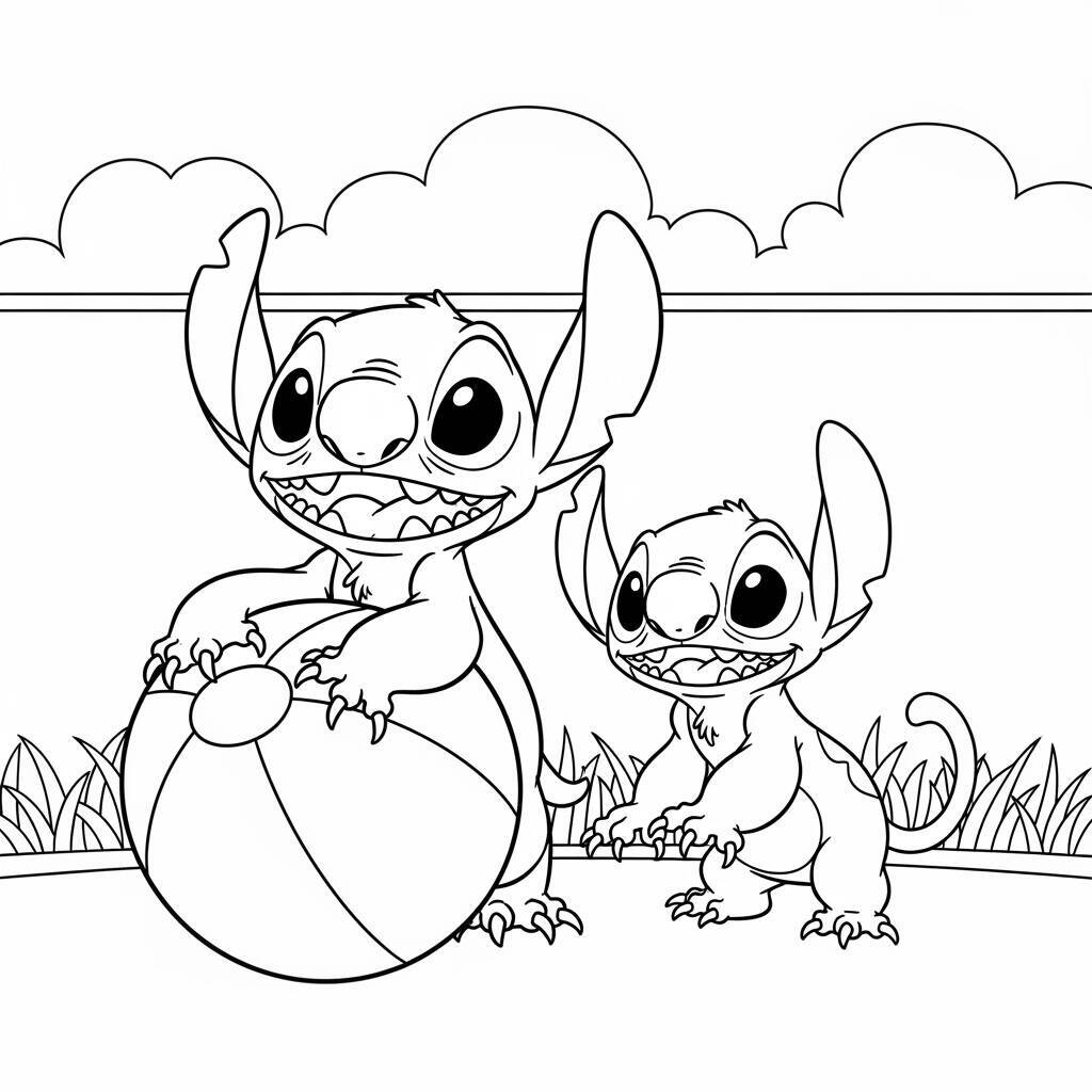 Desenho de Lilo e Stitch com um Bola de Praia para Colorir