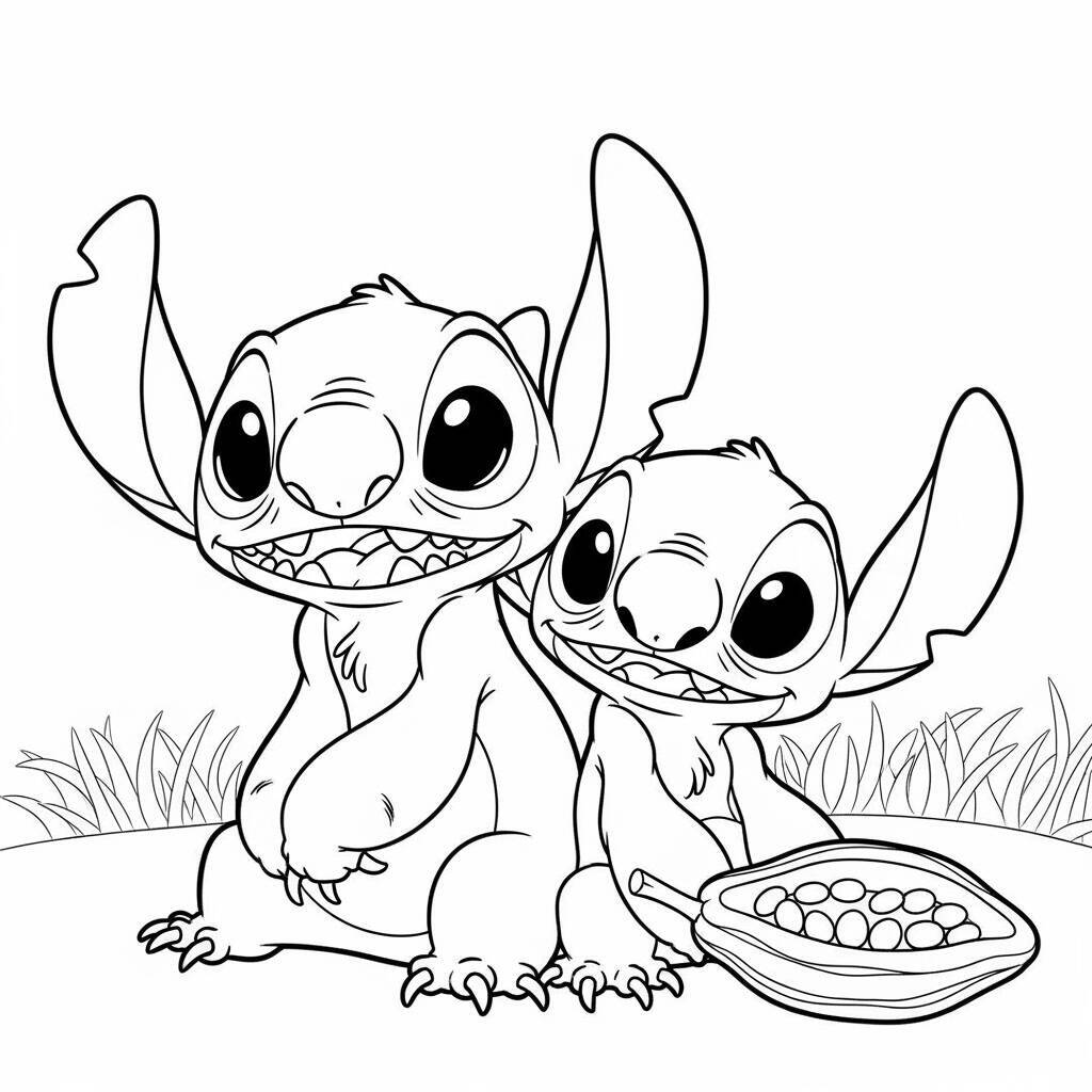 Desenho de Lilo e Stitch com um Cocô de Cacau para Colorir