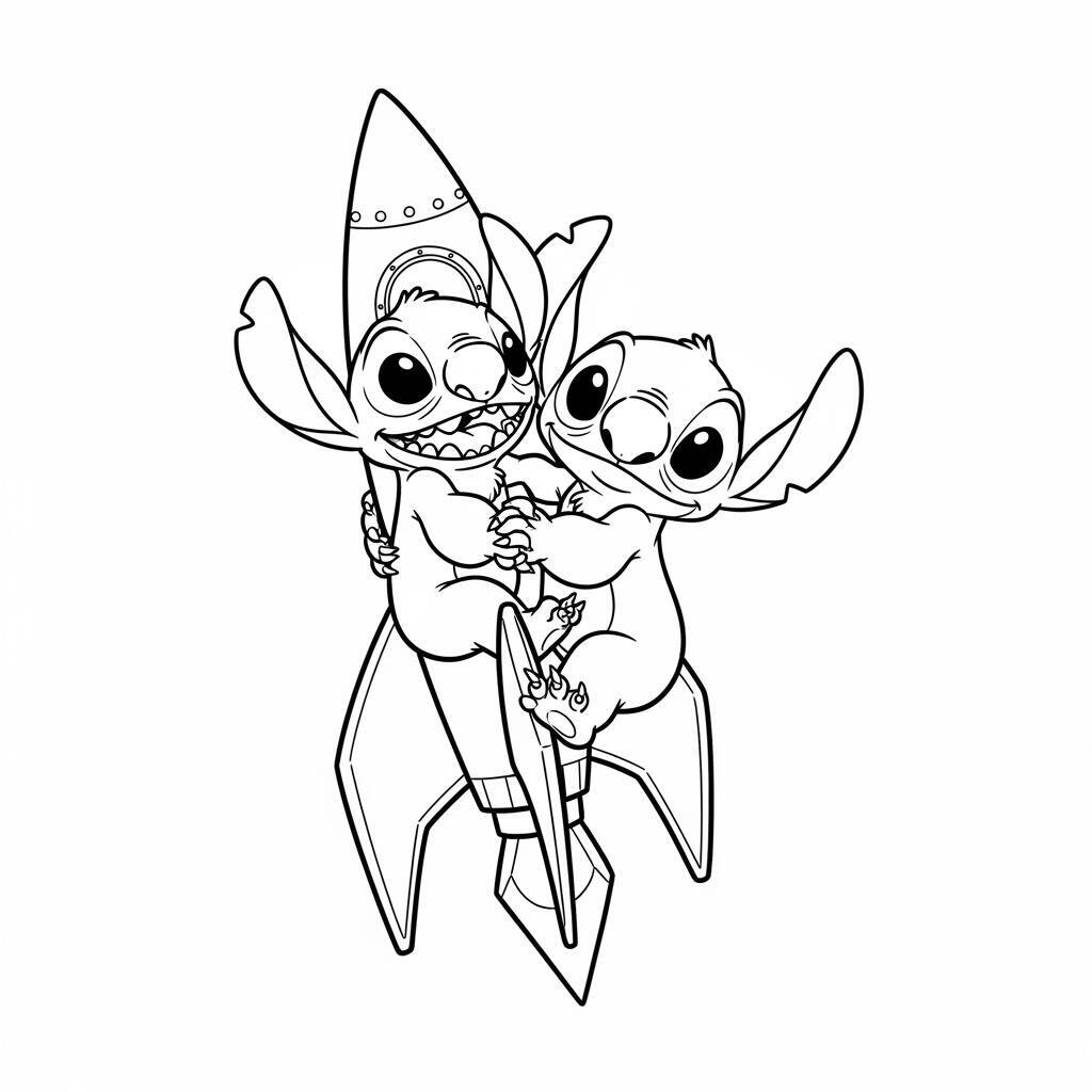Desenho de Lilo e Stitch com um Foguete para Colorir