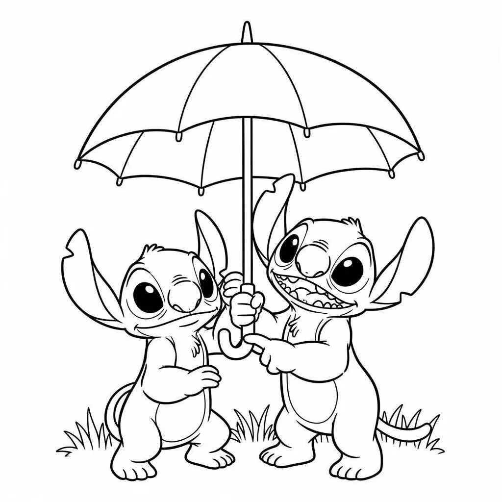 Desenho de Lilo e Stitch com um Guarda-Chuva para Colorir