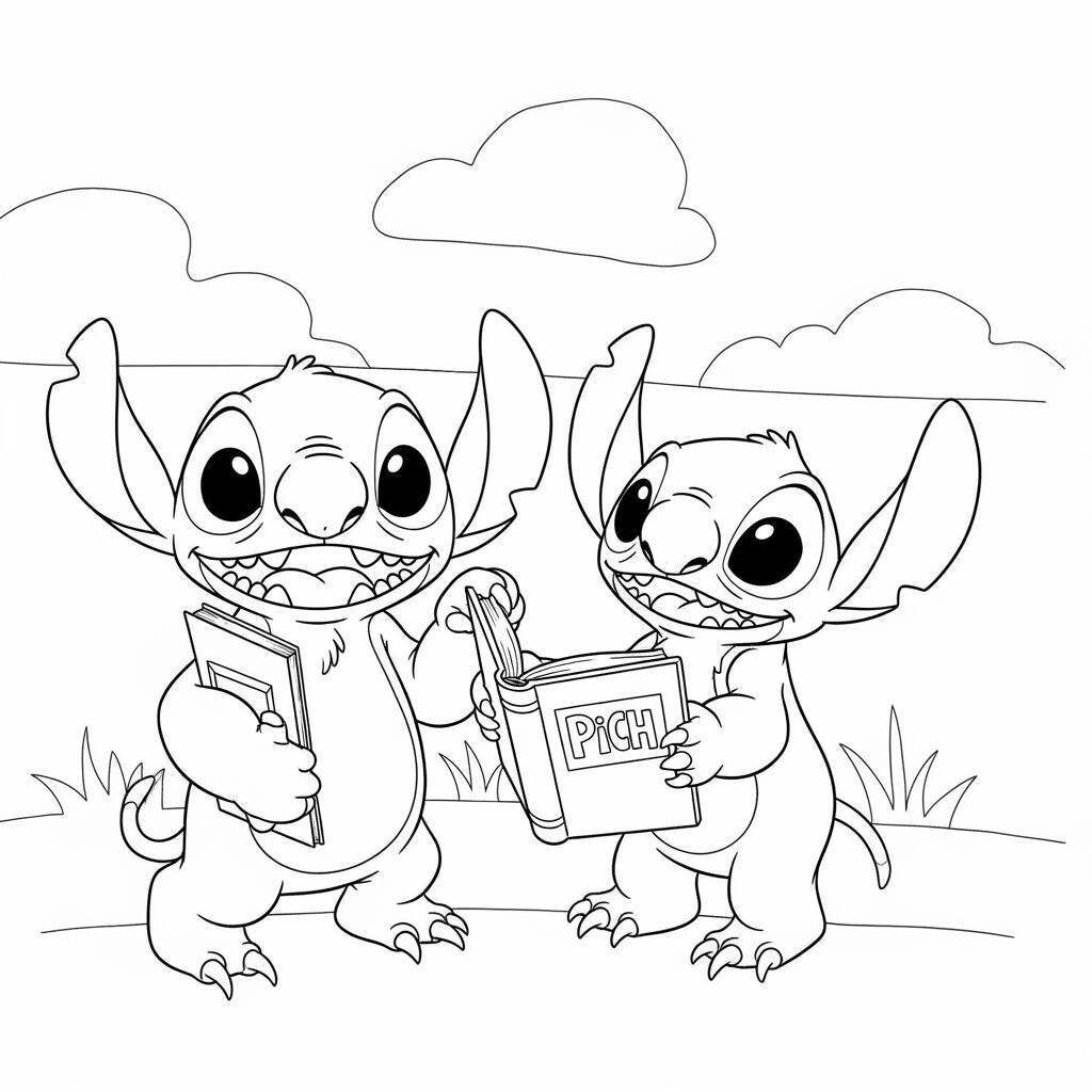 Desenho de Lilo e Stitch com um Livro para Colorir