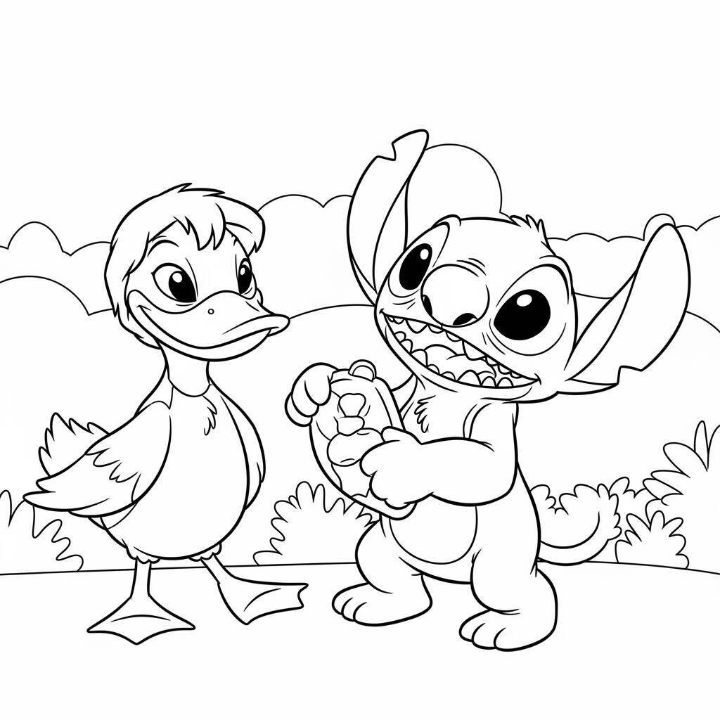 Desenho de Lilo e Stitch com um Pato para Colorir