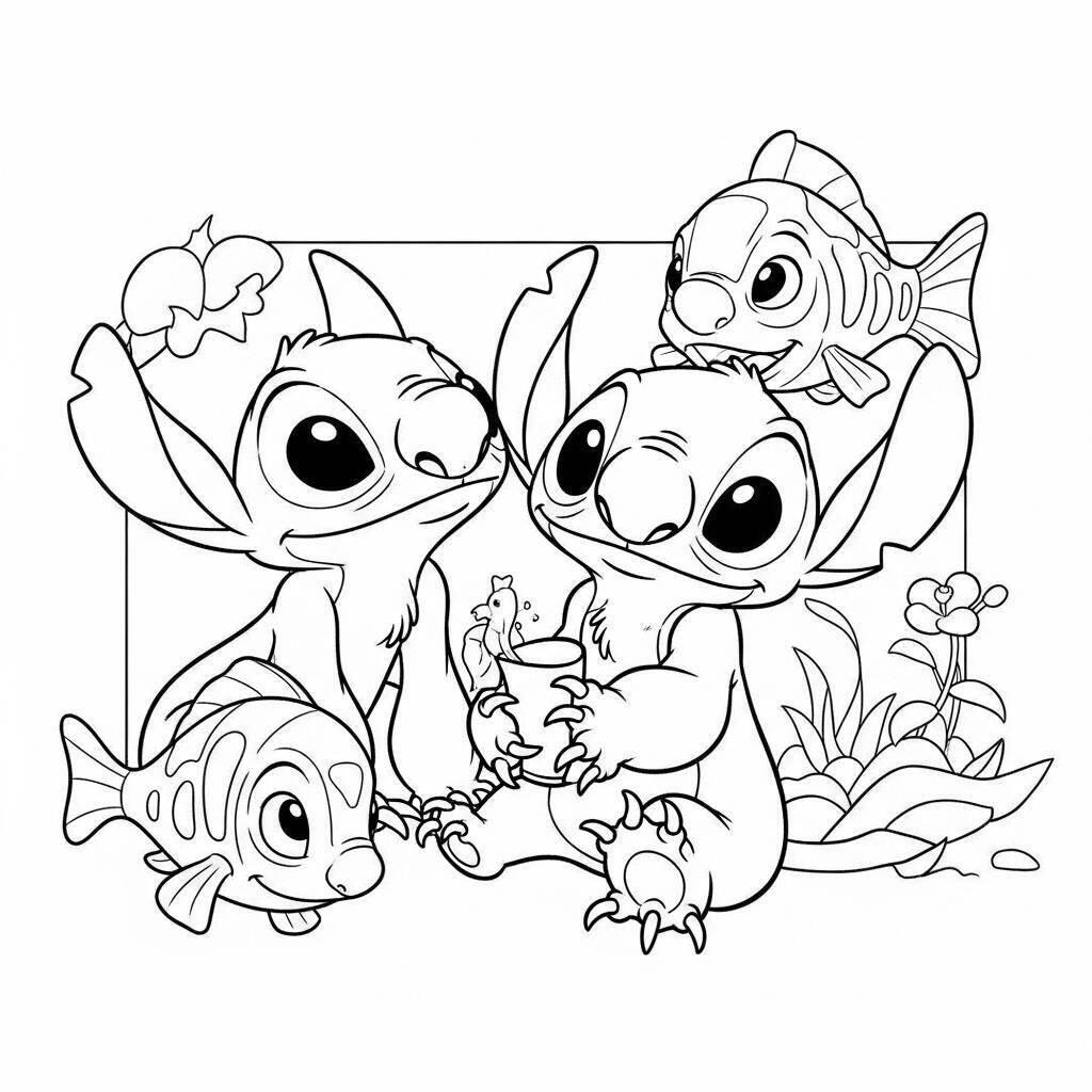 Desenho de Lilo e Stitch com um Peixe para Colorir