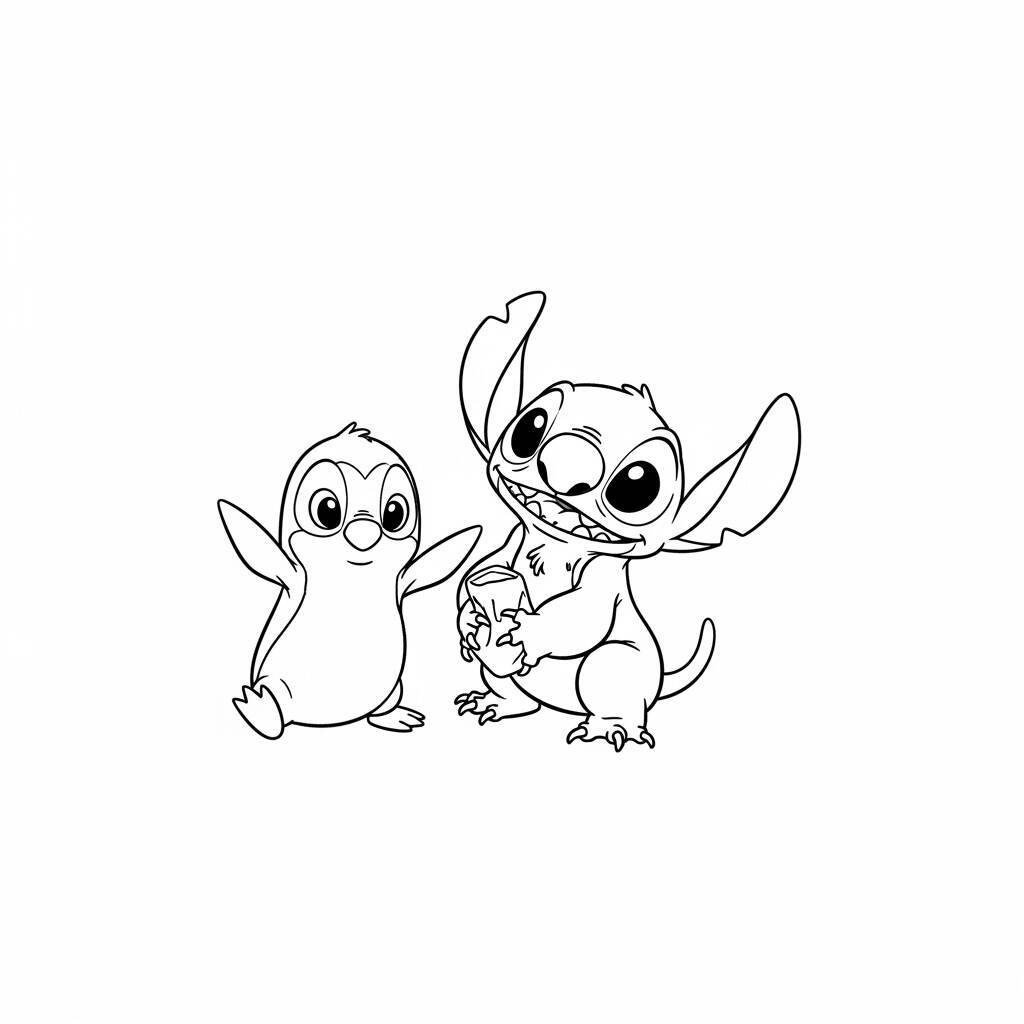 Desenho de Lilo e Stitch com um Pinguim para Colorir