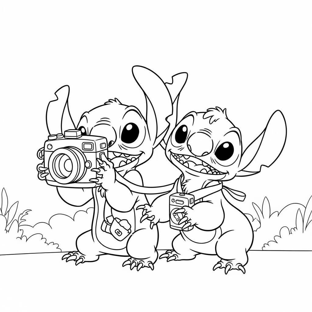 Desenho de Lilo e Stitch com uma Câmera para Colorir