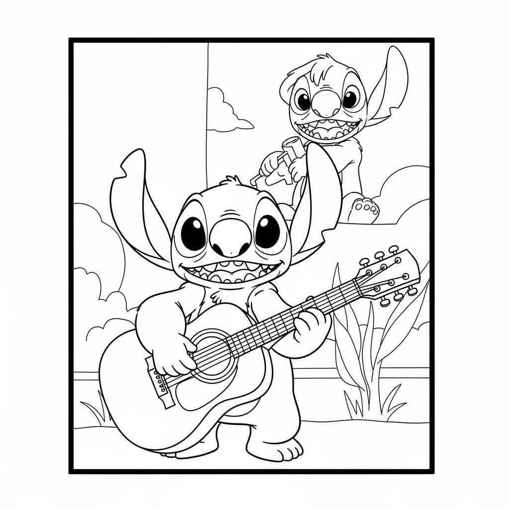 Desenho de Lilo e Stitch com uma Guitarra para Colorir