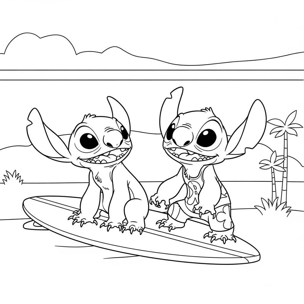 Desenho de Lilo e Stitch e um Surfista para Colorir