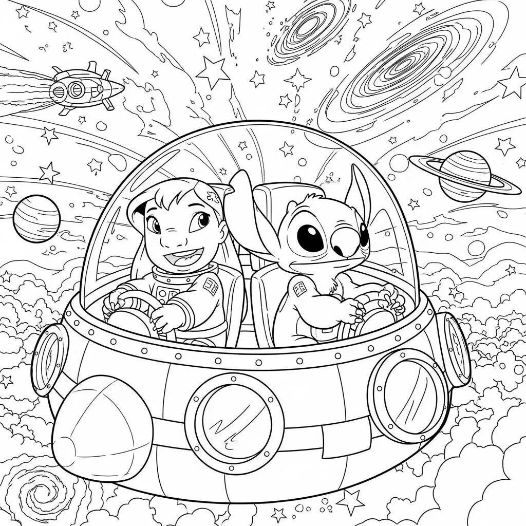 Desenho de Lilo e Stitch em Aventura Espacial para Colorir