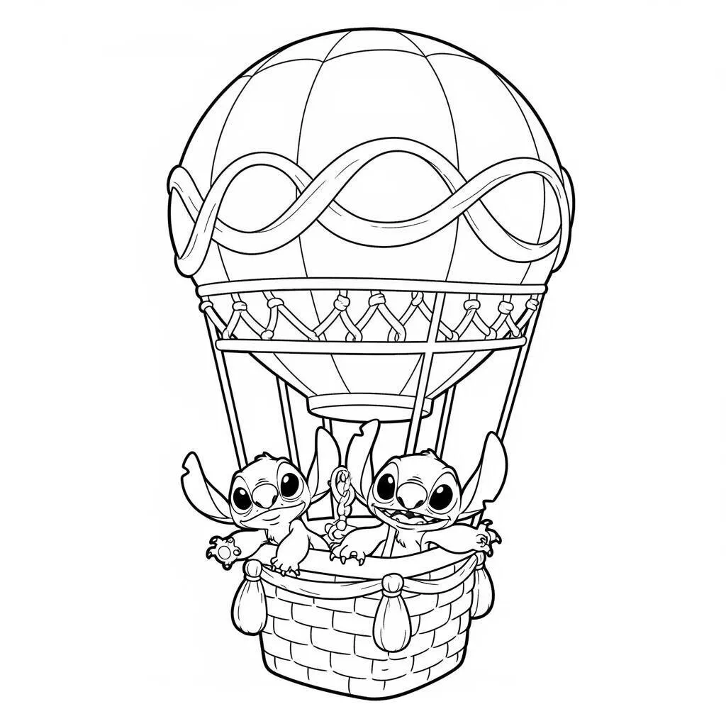 Desenho de Lilo e Stitch em um Balão de Ar Quente para Colorir