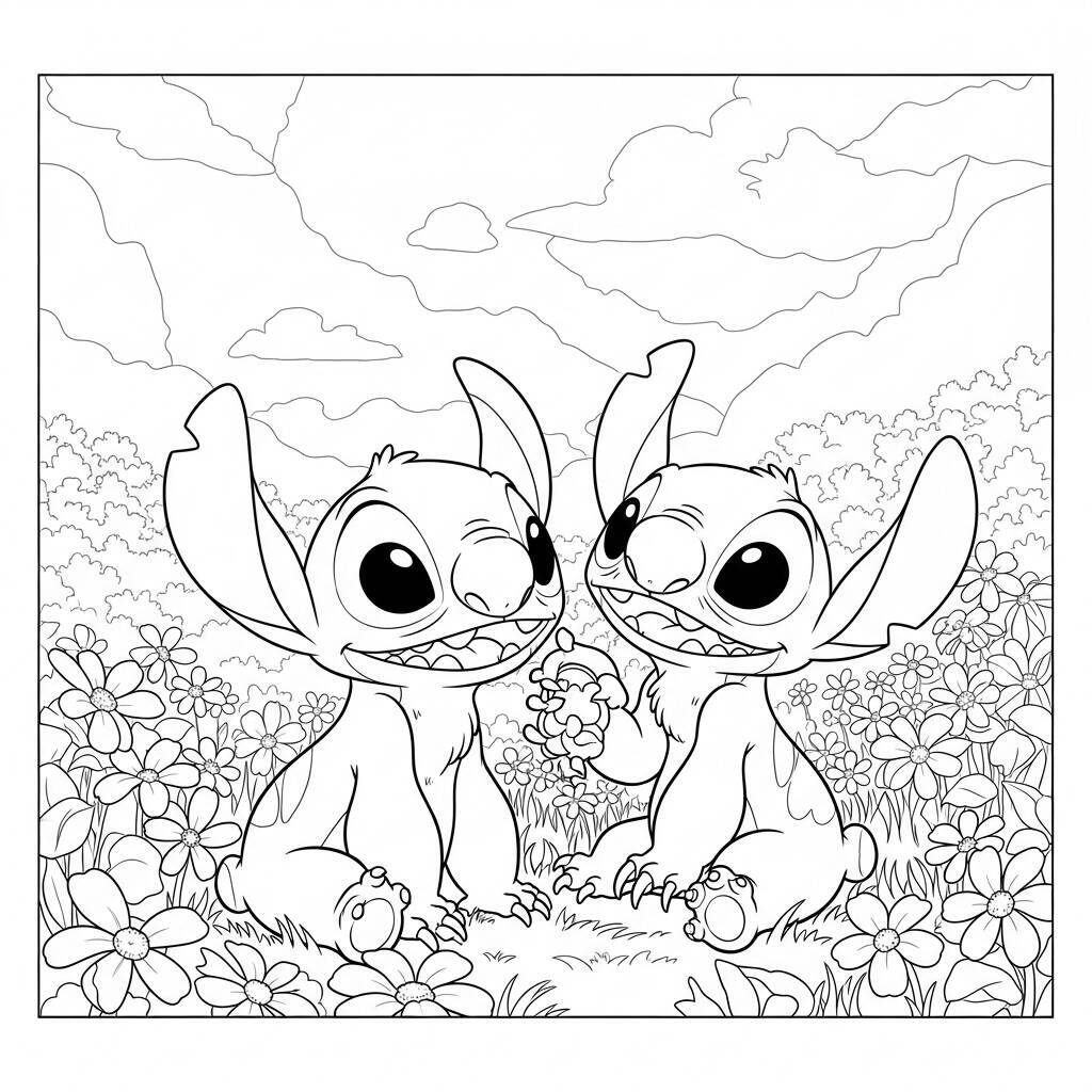 Desenho de Lilo e Stitch em um Campo de Flores para Colorir