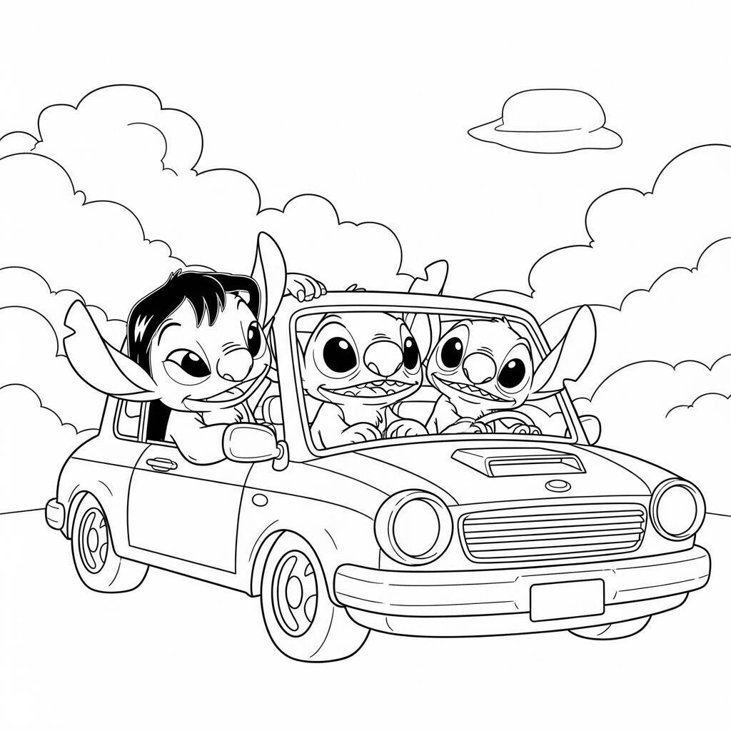 Desenho de Lilo e Stitch em um Carro para Colorir