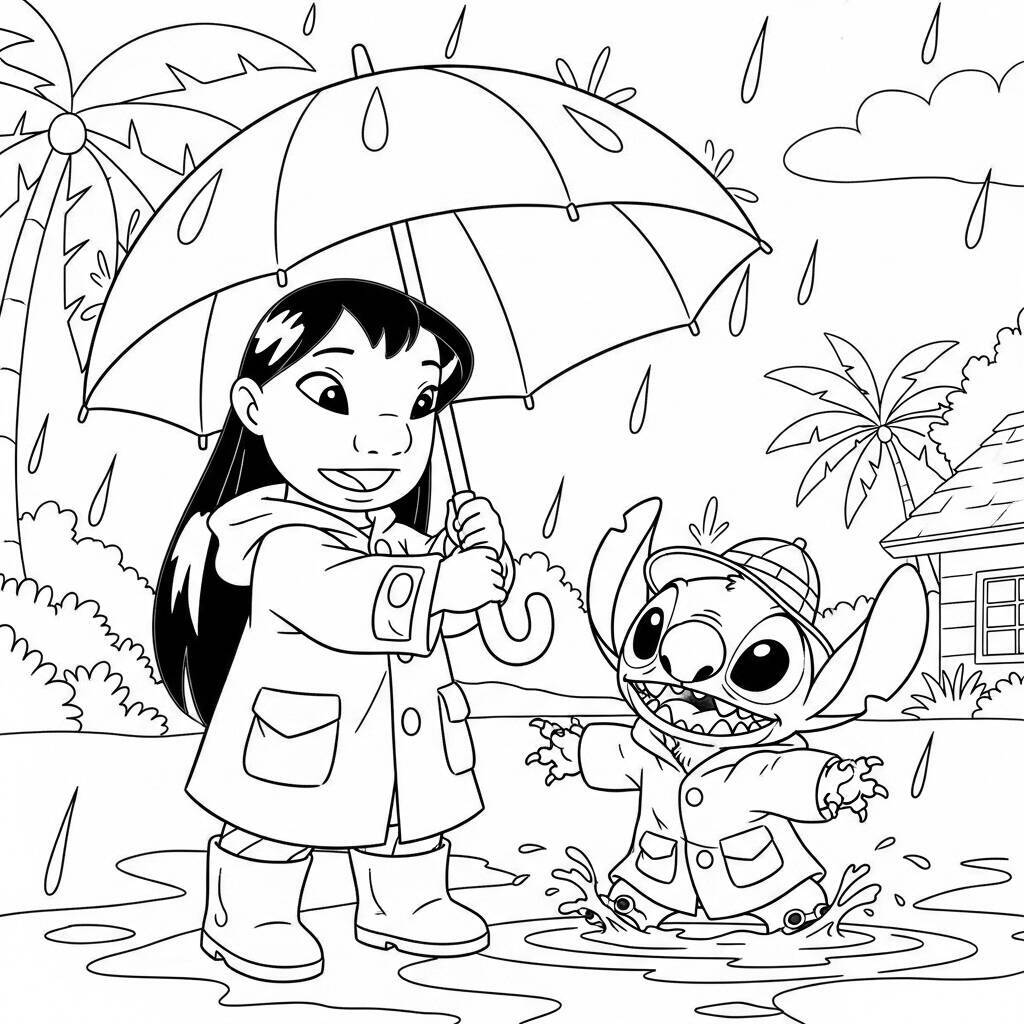 Desenho de Lilo e Stitch em um Dia de Chuva para Colorir