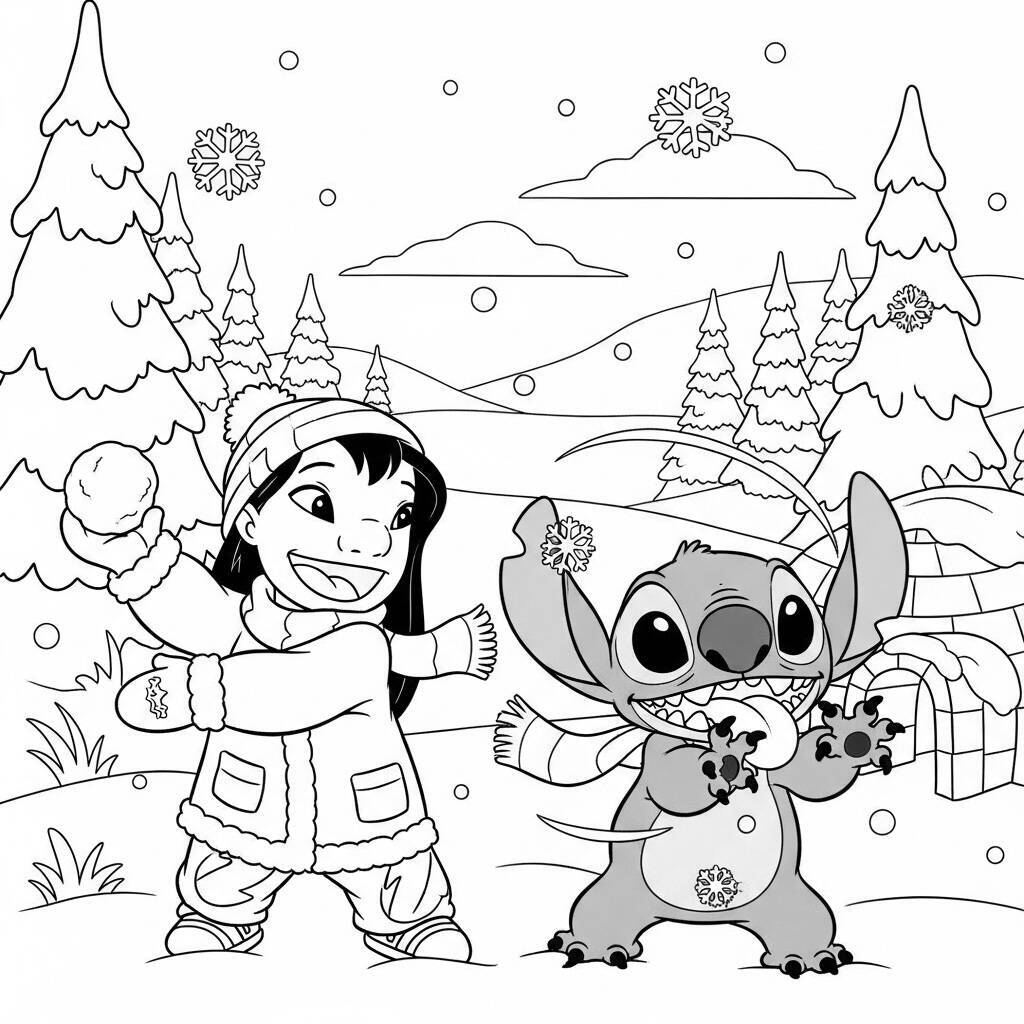 Desenho de Lilo e Stitch em um Dia de Neve para Colorir