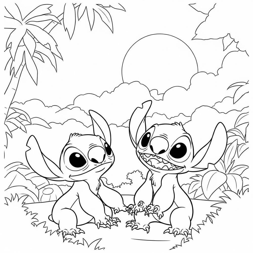 Desenho de Lilo e Stitch em um Dia de Sol para Colorir