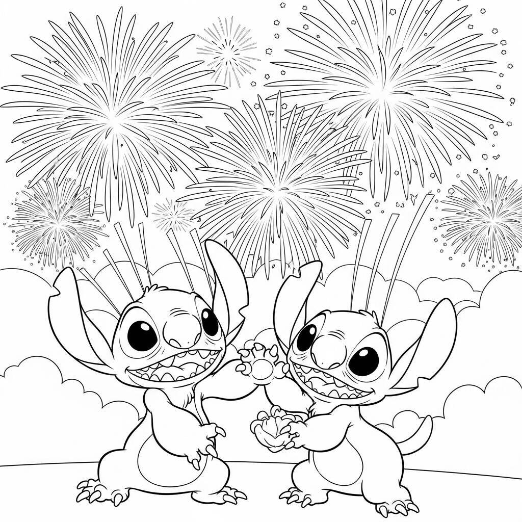 Desenho de Lilo e Stitch em um Festival de Fogos de Artifício para Colorir