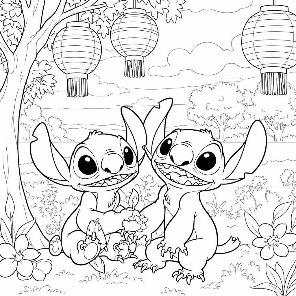 Desenho de Lilo e Stitch em um Festival de Primavera para Colorir