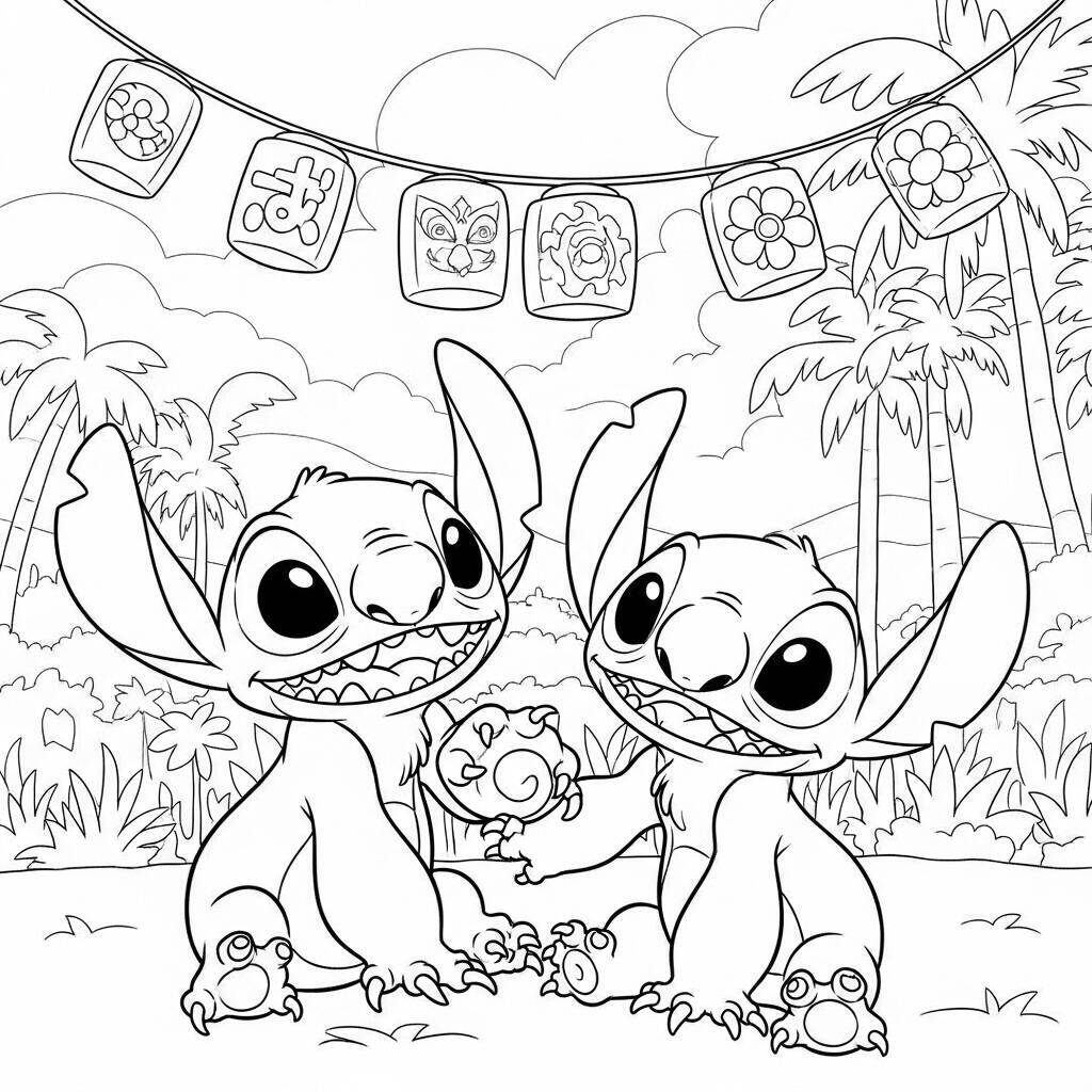 Desenho de Lilo e Stitch em um Festival de Verão para Colorir