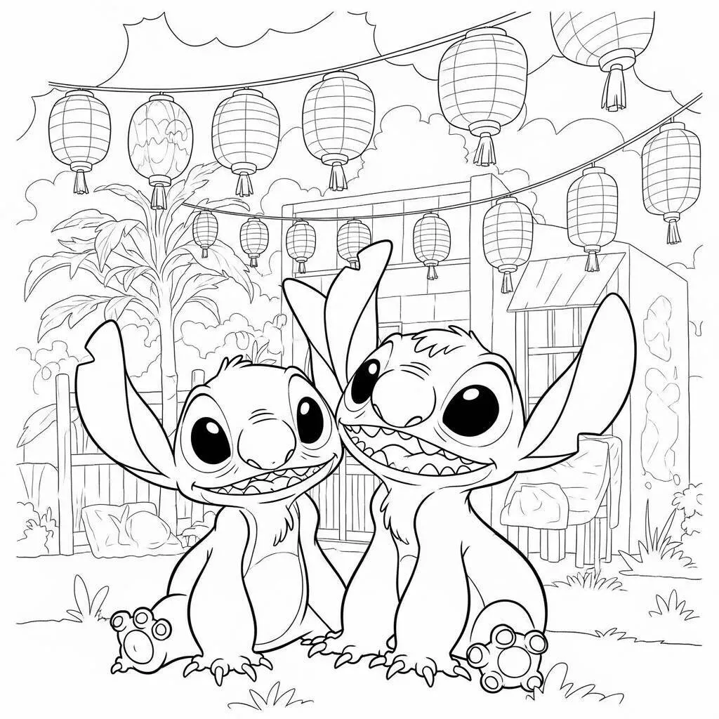 Desenho de Lilo e Stitch em um Festival para Colorir