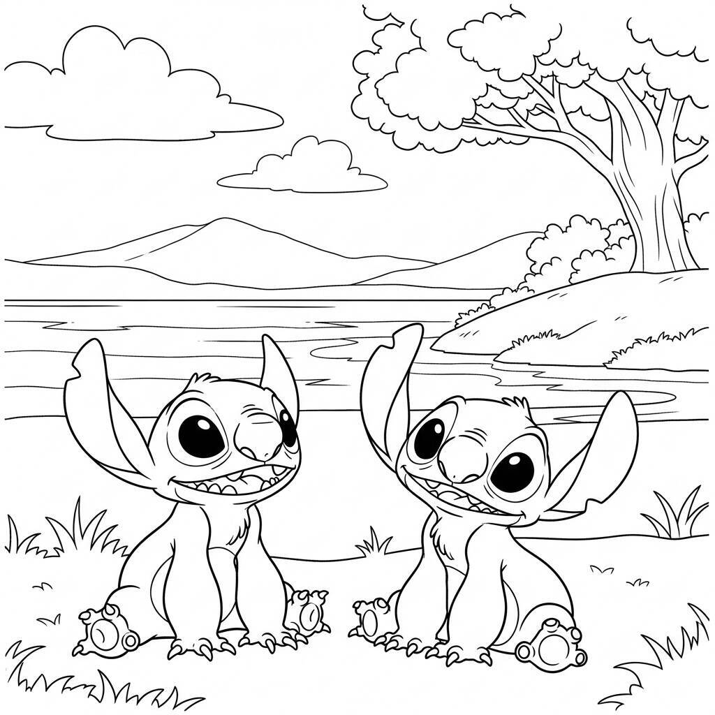 Desenho de Lilo e Stitch em um Lago para Colorir