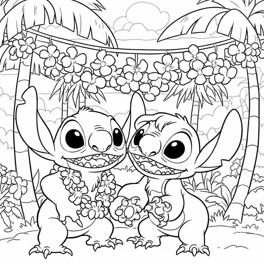 Desenho de Lilo e Stitch em um Luau para Colorir