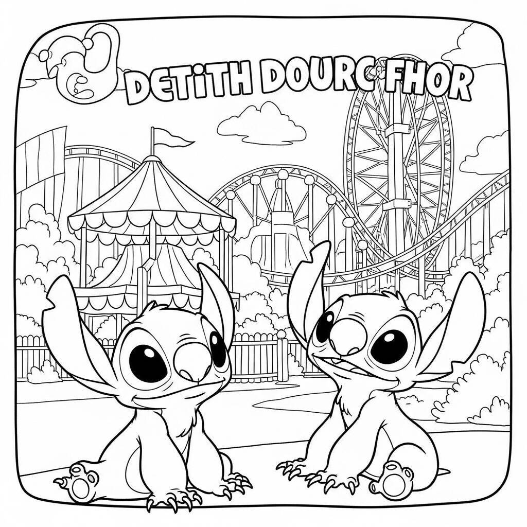 Desenho de Lilo e Stitch em um Parque de Diversões para Colorir