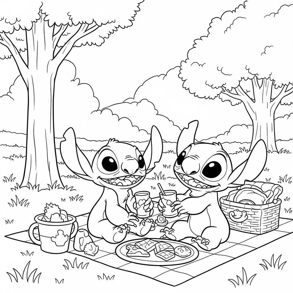 Desenho de Lilo e Stitch em um Picnic para Colorir