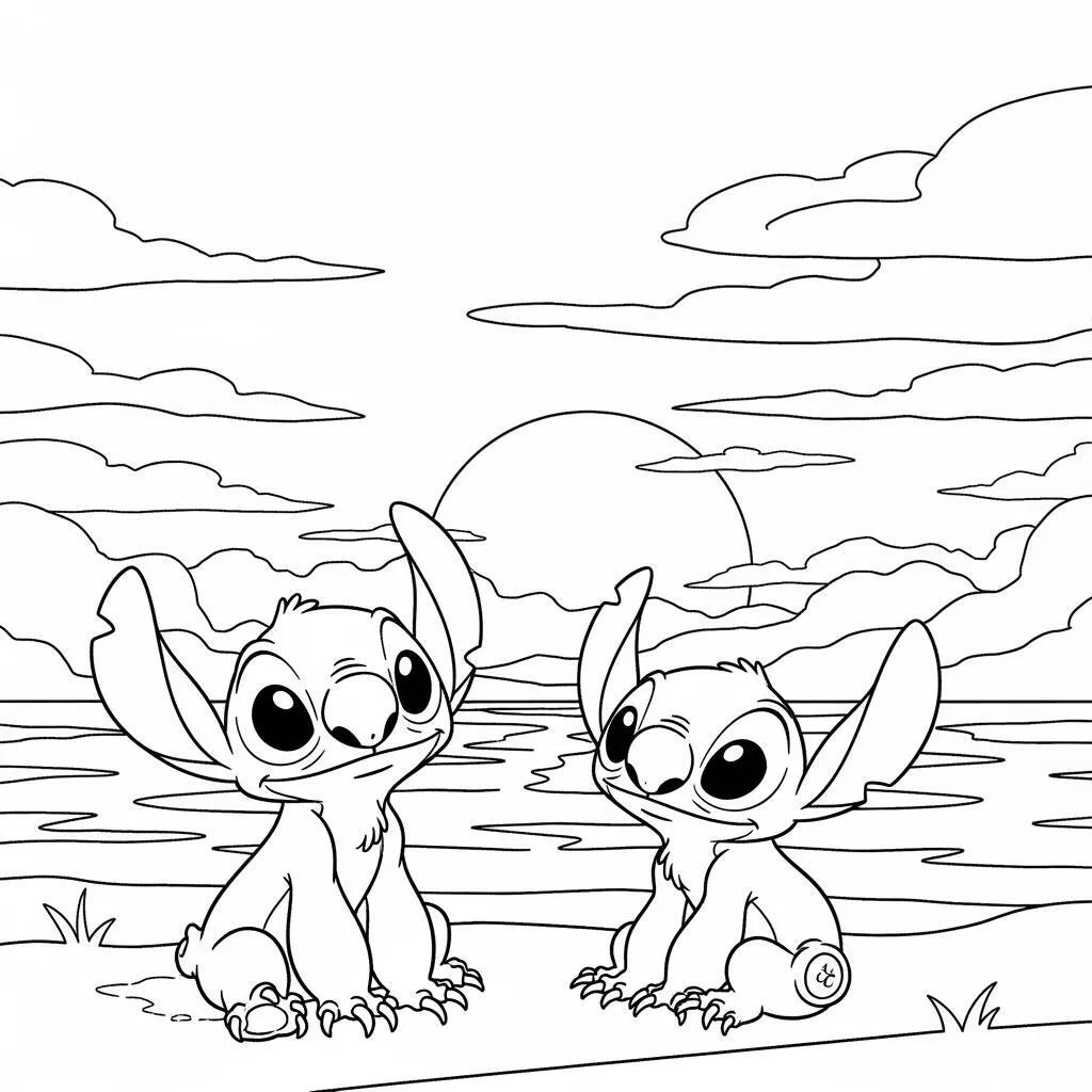 Desenho de Lilo e Stitch em um Pôr do Sol para Colorir