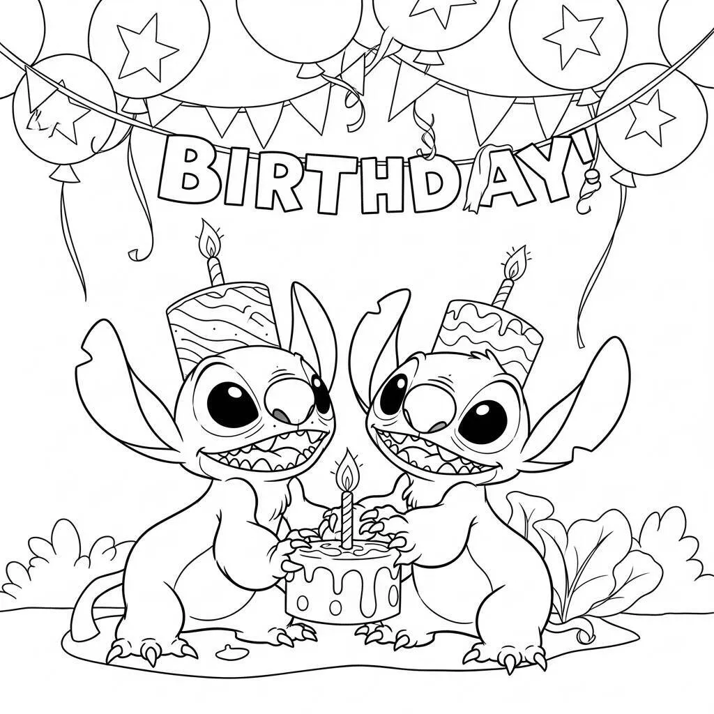 Desenho de Lilo e Stitch em uma Festa de Aniversário para Colorir