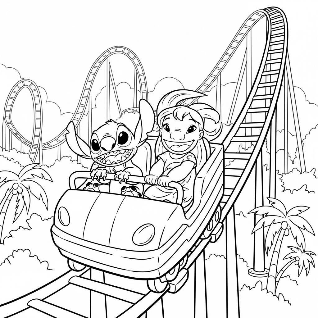 Desenho de Lilo e Stitch em uma Montanha-Russa para Colorir