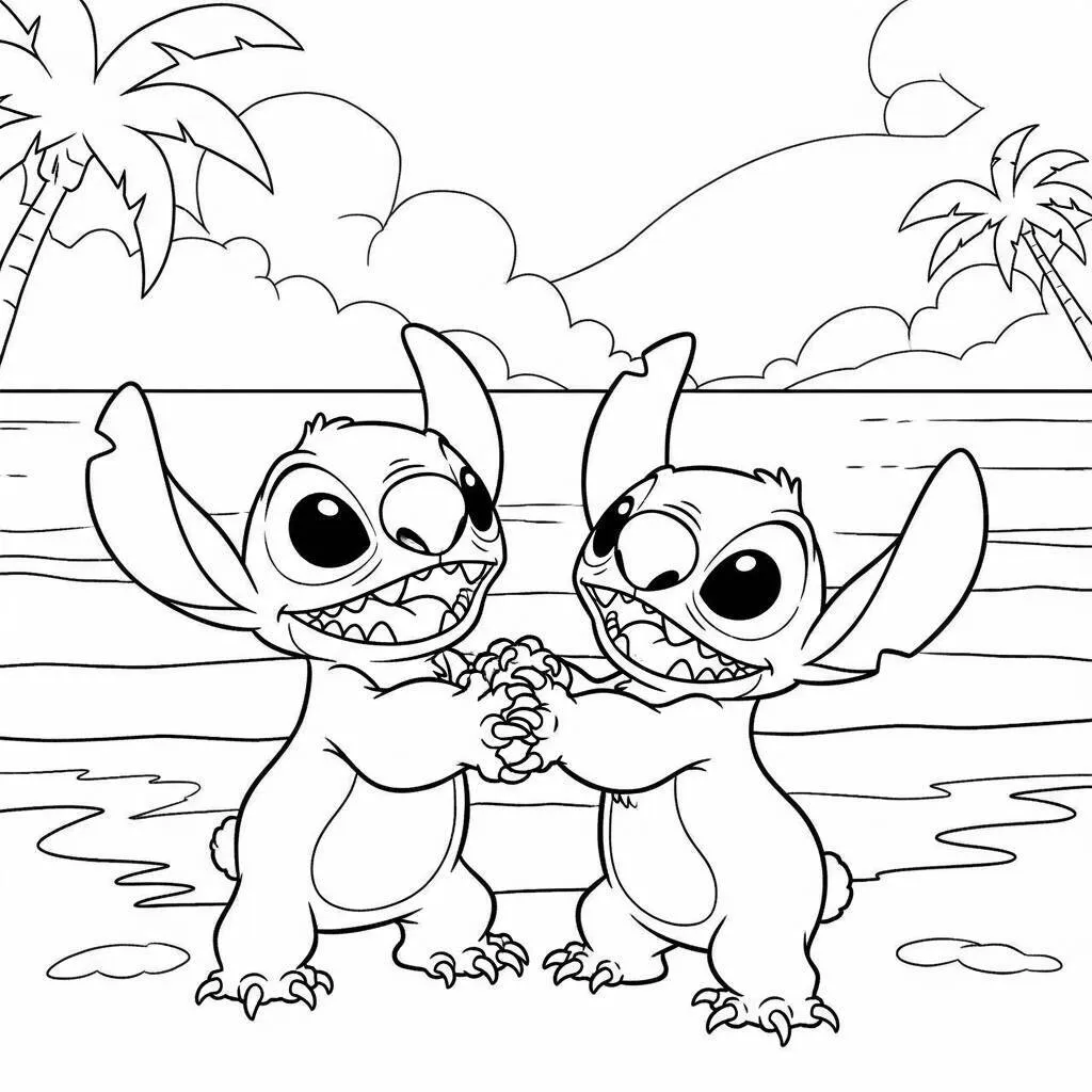 Desenho de Lilo e Stitch na Praia para Colorir
