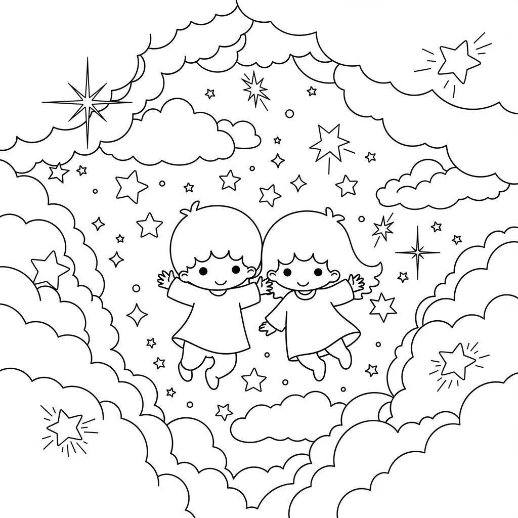 Ausmalbilder „Kleine Zwillingssterne in einem Traum“.