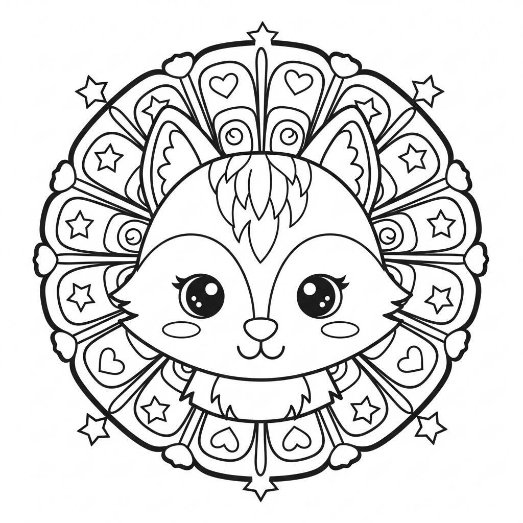 Desenho de Lobo Kawaii Mandala para Colorir