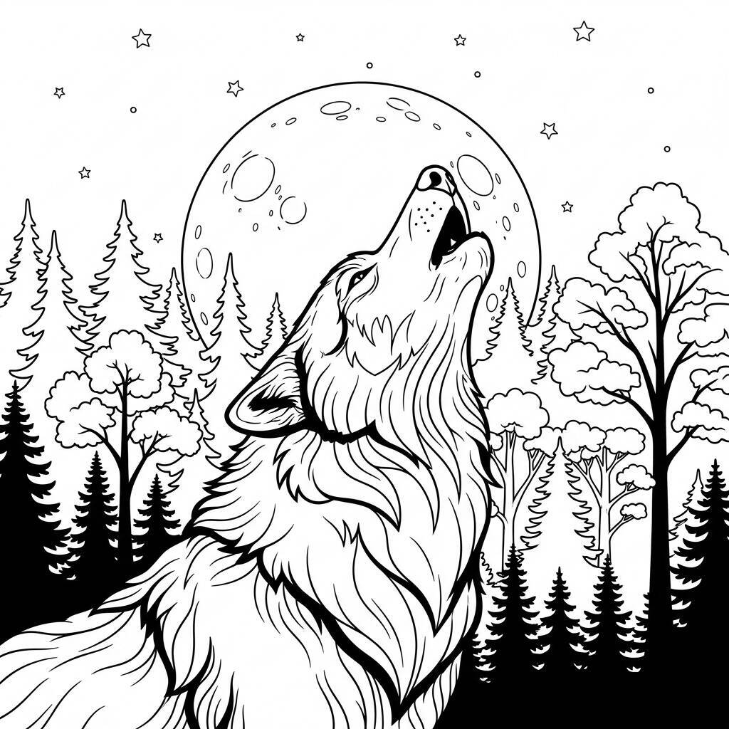 Desenho de Lobo Uivando à Lua para Colorir