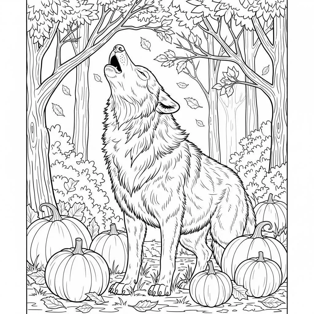 Desenho de Lobo Uivando na Floresta de Outono para Colorir